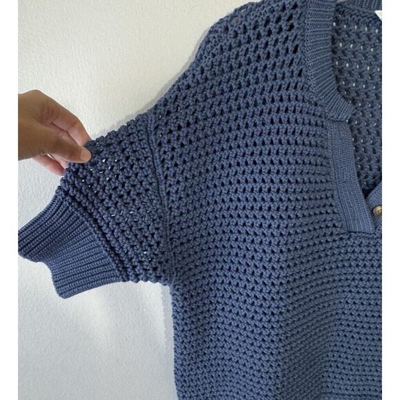 Haven Well Within Sweater Size Medium Blue Crochet Knit Knot Stitch Henley - Picture 5 of 8